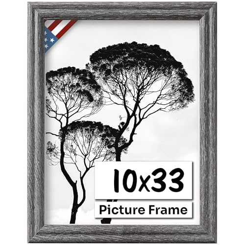Barnwood Gray 10x33 Picture Frame .75" Inch Wide - Handmade American Solid Wood Picture Frames with Preinstalled Hangers and UV Blocking Plexiglass Frames