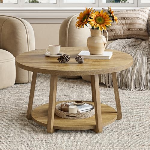Tribesigns 80 cm Table Basse Ronde avec Rangement, Table d'appoint de Canapé à 2 Niveaux avec Pieds en Bois, Facile à Assembler, pour Salon, Petit Espace,...