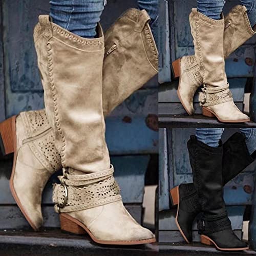 Faux Suede Booties Cowboy Boots for Women Wide Calf Cowgirl Fashion Modern Western Boots Round Toe Knee High Chunky Heel Shoes3