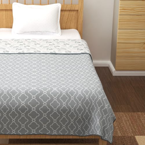 Image of Story@Home Dohar Single Bed Cotton 100% | 150GSM 144 x 220 CM Quilt AC Blanket for Summer | AC Comforter Single Bed |Grey & White, Floral & Moroccan Reversible Design Duvet | All-Season Blanket