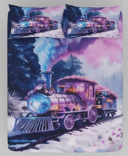 7D Digital Print King Size Bedsheet 108x108 | Glace Cotton | Soft Breathable | 2 Pillow Covers | Machine Washable | Train