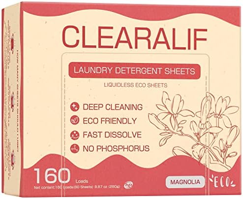 Laundry Detergent Sheets Up to 160 Loads, Magnolia – Great For Travel,Apartments, Dorms,CLEARALIF Laundry Detergent Strips Eco Friendly & Hypoallergenic – 80 Sheets