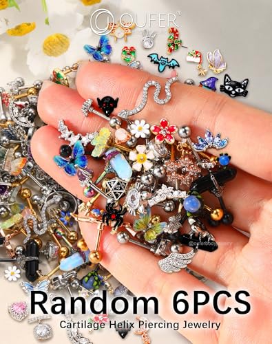 OUFER 16G Helix Earrings, 316L Stainless Steel Cartilage Earrings, Random 6PCS Helix Cartilage Piercing Jewelry, Tragus Forward Helix Cartilage Earrings Studs for Women4