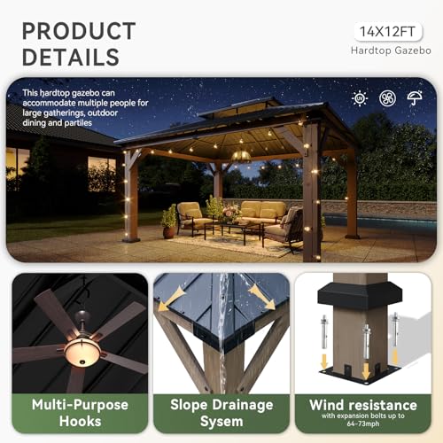 Image of Aoxun 12' x 14' Outdoor Wood Gazebo, Hardtop Gazebo Permanent Wooden Pavilion with Galvanized Steel Double Roof, for Patio, Garden, Deckyard, Cedar Wood, Grey