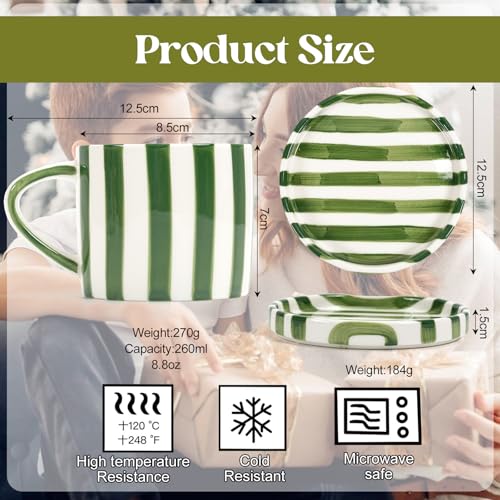 Ceramic Coffee Mug, Large Hot Chocolate Mugs 8oz Novelty Mug with Saucer, Cute Pottery Tea Cup Hand-Painted Striped Art Multiple Use for Kitchen, Office(Green) - Image 4