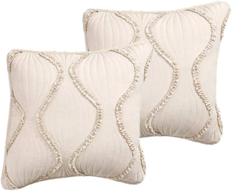 DaDa Bedding Set of 2 Cotton Throw Pillow Covers - Tan Beige Charming Country Boho Hourglass - Cozy Soft Elegant Ruffles Square Cushion Cases - 18" x 18" - 2-Pack