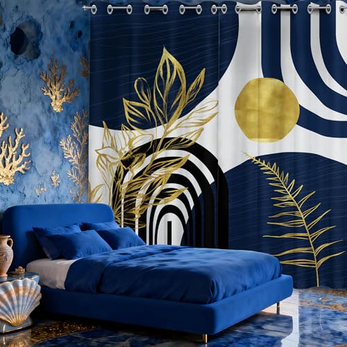 Mid Century Modern Navy Blue and Gold Blackout Curtains, Bohemian Masculine Cool Dark Blue and White Window Drapes for Mens Bedroom Living Room, 84 inch Length 2 Panels Set, 52x84 inch - Image 5