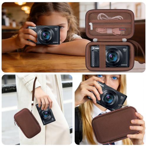 Image of Elonbo Carrying Case for Canon Powershot SX740 HS / SX730 HS /SX720 HS Camera | Canon SX740 Camera Case, Hard Bag, with Mesh Pocket Wrist Strap Double Zipper, for Vlogging Travel Protective Storage, Brown
