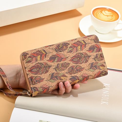 Women's Wallet, Vintage Wood Grain Zipper Wallets, Ladies RFID Blocking Credit Card Holder Wristlet Wallet for Women, Large Capacity Leather Purse Clutch (Feather)2