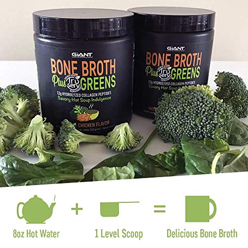 Giant Sports Bone Broth Plus Greens & Collagen Peptides Protein Powder | USDA Certified Organic | For Healthy Skin, Nails, Hair, Joints & Digestion | Keto Friendly | Natural Chicken Flavor 14 Servings