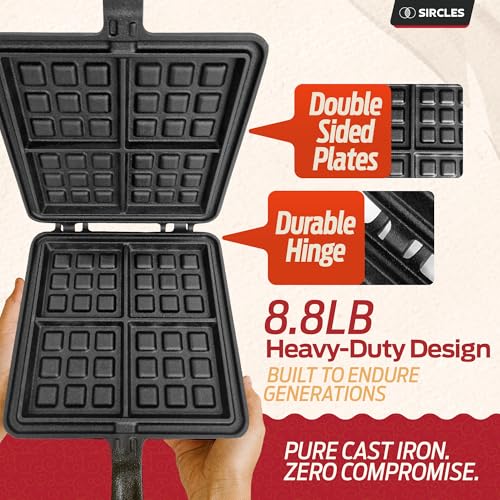 Sircles Cast Iron Waffle Maker - Makes 4 Square Belgian Waffles - Non Electric - Heavy Duty - Belgian Waffle Maker - 8.5 inch Square Waffles - E-book recipes