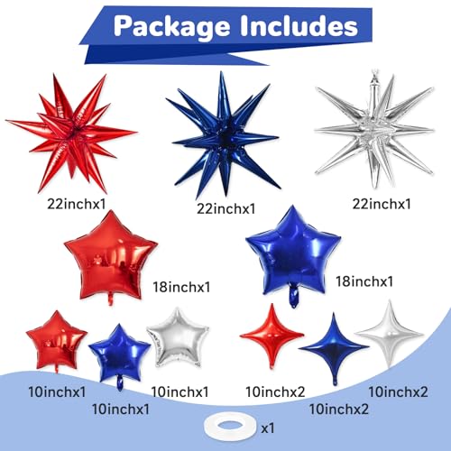 Image of Red Blue Silver Balloons 22 18 10 In 4th of July Patriotic Navy Royal Blue Red Explosion Star Foil Balloon for USA 250th Anniversary Fourth of July Independence Day Memorial Birthday Grad Party Decor