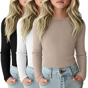 3 Pack Girls Long Sleeve Shirts Ribbed Knit Cotton Layering Tops Slim Fit Crewneck Casual Undershirts