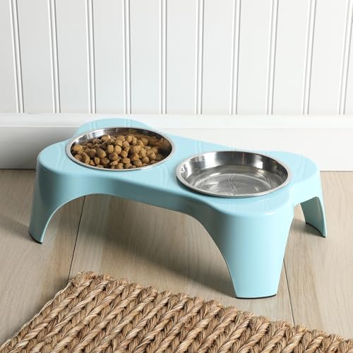 image for Gibson Home Bow Wow Meow 3-Piece Elevated Dog Bowl Set – Bone-Shaped