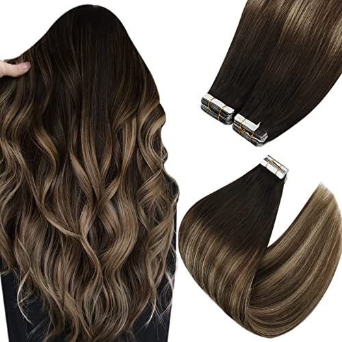 10pcs 25g Tape in Hair Extensions Human Hair Black Ombre Dark Brown Balayage Ash Blonde Tape in Human Hair Extensions Straight Seamless Black Hair Extensions Tape in 14inch