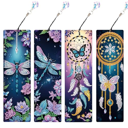 Image of 4 Pack Diamond Painting Bookmarks, 5D Dreamcatcher Butterfly Dragonfly Diamond Art Bookmark Kit with Tassels, DIY Beaded Rhinestone Book Mark Craft for Adults Beginners Reading Gift