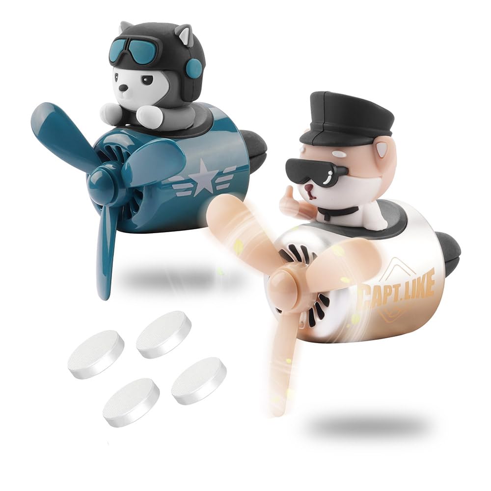2pcs Car Air Fresheners Cute Cartoon Dog Pilot Automotive Air Outlet Propeller Car Diffuser Creative Car Perfume Decoration for Car Vent Clips Comes with 4 Fragrant Tablets (Husky + Shiba Inu)