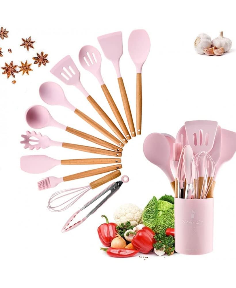 Khazna Silicon Cooking Kitchen Utensils Set 11 Pcs, Best heat Resistant with Wooden Handles Cooking Tool BPA Free Non-Toxic (Pink)