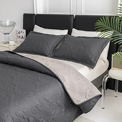 Quiltina King Size Quilt Set Bicolor Bedspreads, Lightweight Soft Summer Microfiber Coverlets, Modern Style Flower Pattern Bedding Set For All Season - 3 Piece (1 Quilt, 2 Pillow Shams) #TOP17