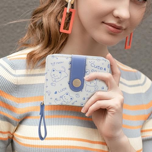 Women Wallets, PU Material Small Womens Wallets Small Cute Wallet for Woman, Lovely Cat Patterns Credit Card Holder Wallets with Zipper for Cash, Keys, ID Cards, Coin (Blue)