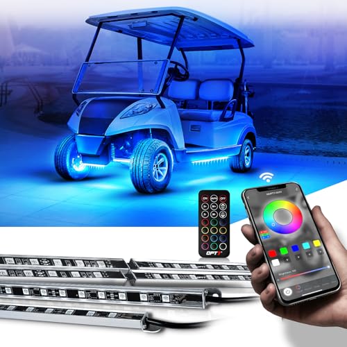 Opt7 12V Aura Pro Underglow Lights Kit For Golf Cart With App &Amp; Remote Control, Waterproof Rigid Aluminum Light Bar, Rgb Multicolor Music Sync Led Lighting Kit For Ezgo Yamaha Club Car