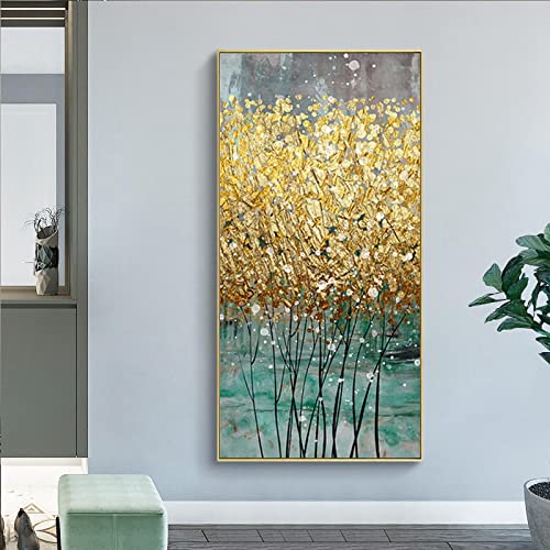 Peinture verte et dorée pour décoration salon grand format 80x160 cm