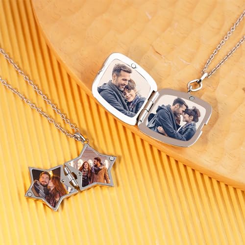 generic Personalized Star Locket Necklaces Engraved Text Necklace Customize Memory Photo Lockets Gifts for Women Men - Thumbnail 2