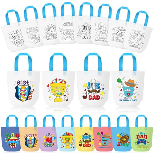 Father's Day Coloring Goodie Bags for Kids - 24Pcs Happy Father's Day Bulk Color Your Own Gift Bags with Handle Reusable Non Woven Coloring Tote Packet for DIY Crafts Painting Party Favor Supplies