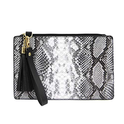 JUMISEE Women Snakeskin Leather Clutch Purse Handbag Fashion Tassel Wristlet Evening Party Bag (Grey)