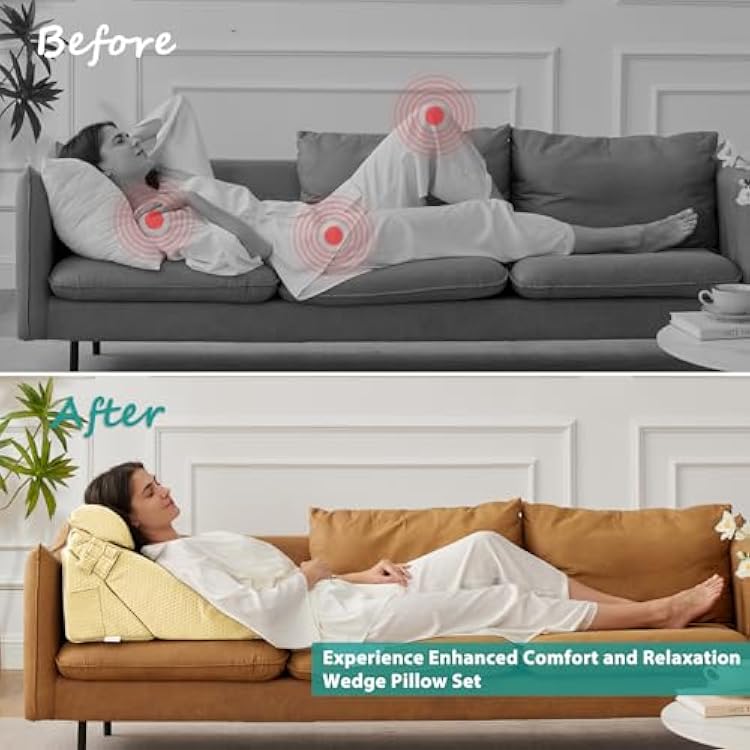 Bedluxe Adjustable 3pcs Bed Wedge Pillow Set, Memory Foam Wedge Pillows Post Surgery for Back, Neck, Leg Pain Relief, Pillow Wedge for Sleeping, Sitting up in Bed, Acid Reflux and GERD, Beige Yellow