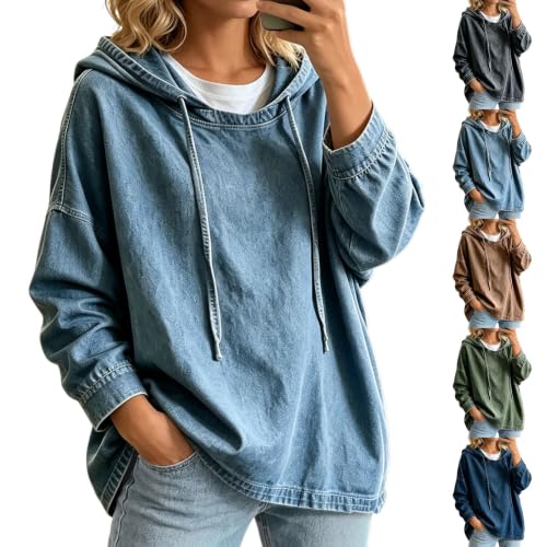 Women'S Denim Hoodie Drawstring Pullover Sweatshirt Jean Jacket Vintage - image 1