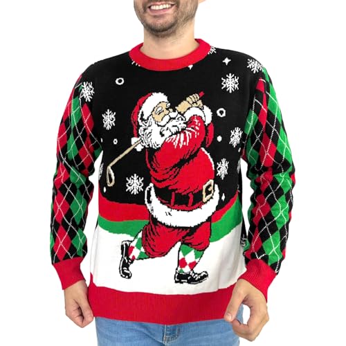 Santa Golf Ugly Christmas Sweater, Snug Fit Breathable Crewneck, Mens Golf Sports Ugly Christmas Sweater For Holiday