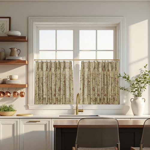 Image of TWOPAGES Pinch Pleat Floral Print Cafe Curtains, Scarlett, 34W x 24L