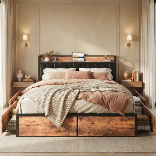 Image of LIKIMIO California King Bed Frame with 4 Storage Drawers, Platform Bed with Charged Headboard, Sturdy and Stable, No Noise, No Box Spring Needed, Easy to Install, Vintage Brown and Black