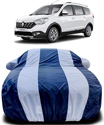 Image of PURPLEHEART Car Body Cover Compatible with Lodgy with Mirror Pocket Triple Stitched Bottom Elastic Water Resistant UV Protection & Dustproof Car Cover-Blue & White