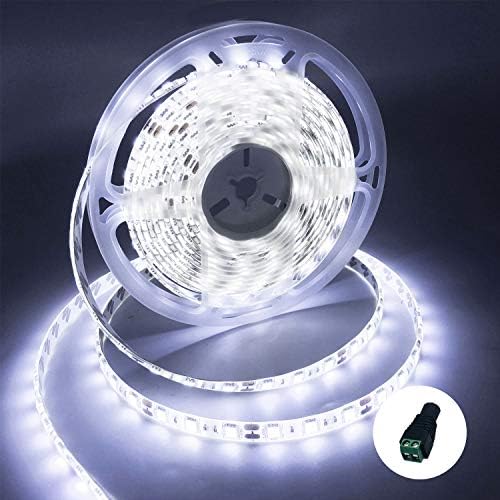LED Strip Lights White 6000K, 16.4ft DC 12V, SMD 5050 300 LEDs 60W, Flexible Tape Lights, IP65 Waterproof Super Bright, for Kitchen Bathroom Cabinet Dresser, Book Shelter Display Tube, Indoor/Outdoor
