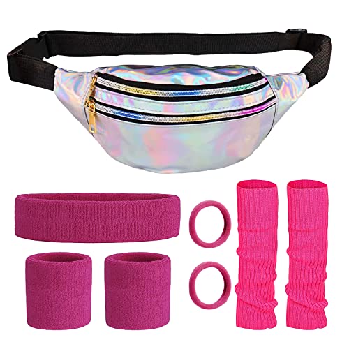 CHENYU 80er Jahre Outfit Damen Kostüm Zubehör Damen Sportlicher Stil Set,Silberne Bauchtasche Rosa Beinwärmer Rosa Armbänder Neonrosa Stirnband für 80er Kostüm Fasching Karneval Cover