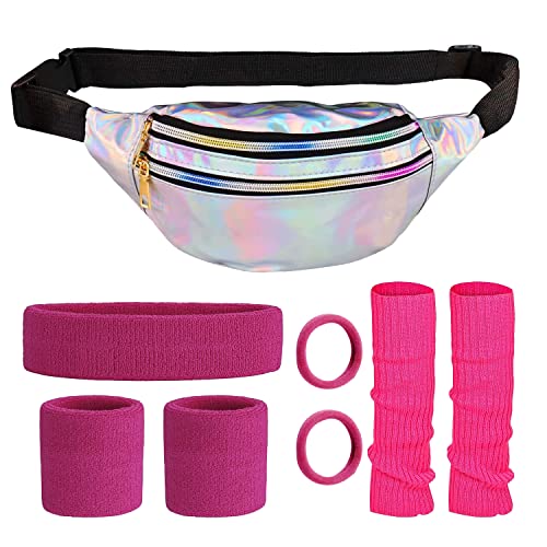 CHENYU 80er Jahre Outfit Damen Kostüm Zubehör Damen Sportlicher Stil Set,Silberne Bauchtasche Rosa Beinwärmer Rosa Armbänder Neonrosa Stirnband für 80er Kostüm Fasching Karneval