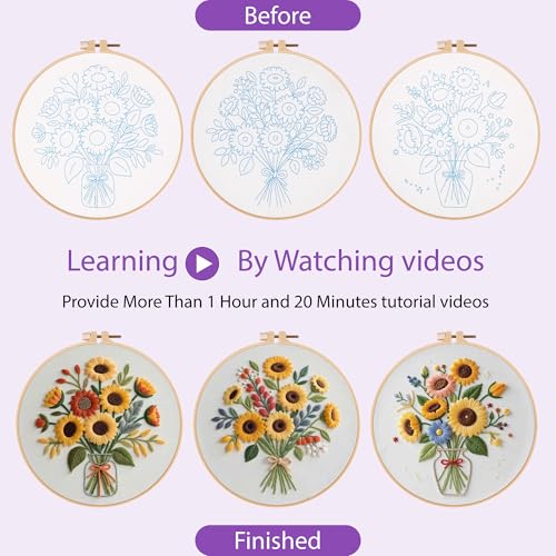 Image of Uniartfy 3 Sets Sunflower Embroidery Kits for Beginners, Needlepoint Kits for Adults, Cross Stitch Kit with Cloth, Hoop, Threads and Instruction, Easy to Learn Embroidery Starter Kit for Craft Lover