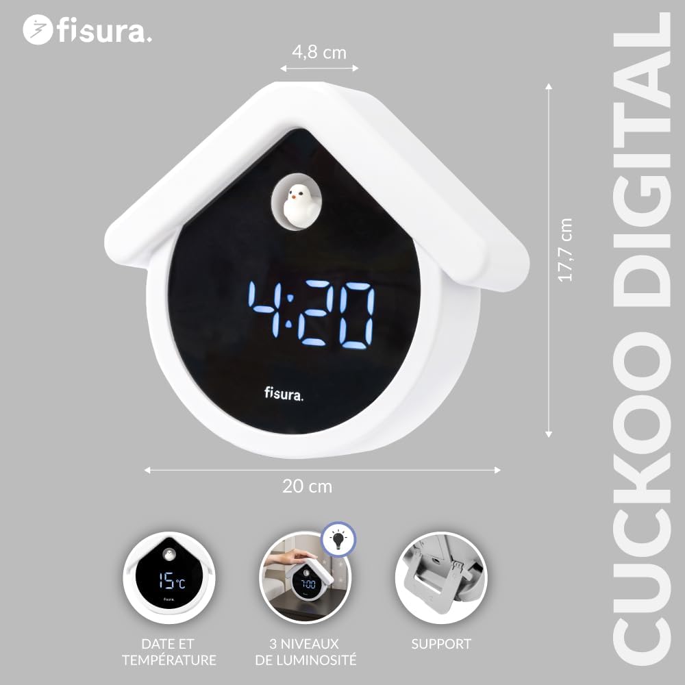 Fisura Digital Cuckoo Alarm Clock with dimensions and key features
