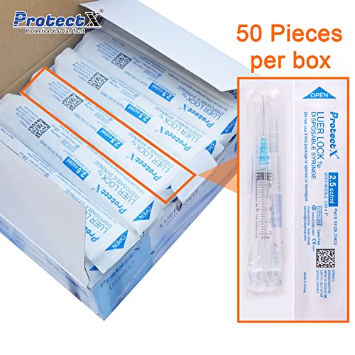 ProtectX 2.5ml Disposable Luer Lock Sterile Syringe with 23Ga 1” Needle, Individually Sealed, Smooth and Accurate Dispensing for Science Labs, 50-Pack