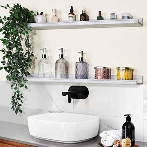 Annecy Floating Shelves Wall Mounted Set Of 3, 36 Inch Grey Solid Wood Shelves For Wall, Wall Storage Shelves With Guardrail Design For Bedroom, Bathroom, Kitchen, Office, 3 Different Sizes #TOP5