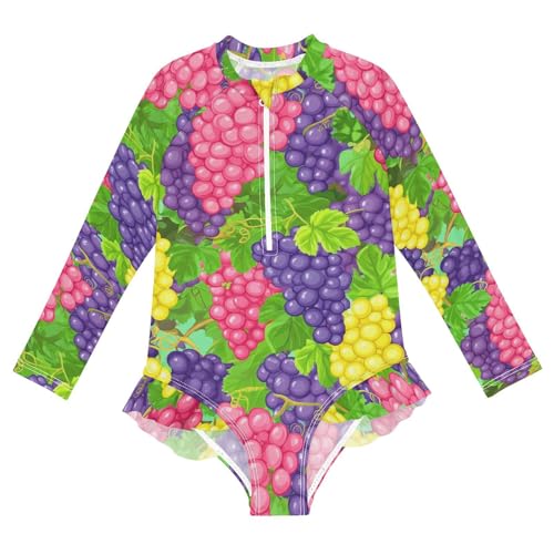 J JOYSAY Cartoon Grapes Leaves Aquamarine Girls One Piece Swimsuits Long Sleeve UPF 50+ Rash Guard Kids Swimwear 3-12 Years - Main Image