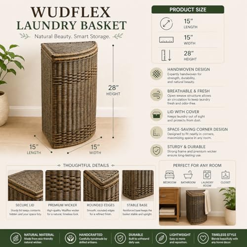 Image of wicker Corner Laundry Basket with Lid| laundry basket with lid | storage basket Laundry Hampers(15 inchL x 15 inchW x 28 inchH) (Brown)