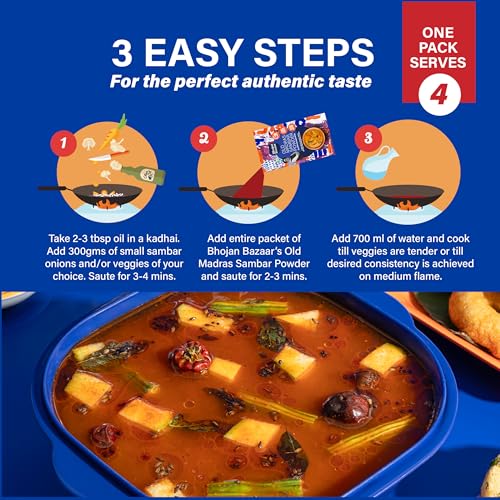 Image of Bhojan Bazaar Old Madras Sambar Powder - Pack of 2, 70 g Each | No Onion No Garlic Ready To Cook in 10 min | Serves 4 | South Indian Sambar With Dal | Free From Preservatives, Colours & Flavours