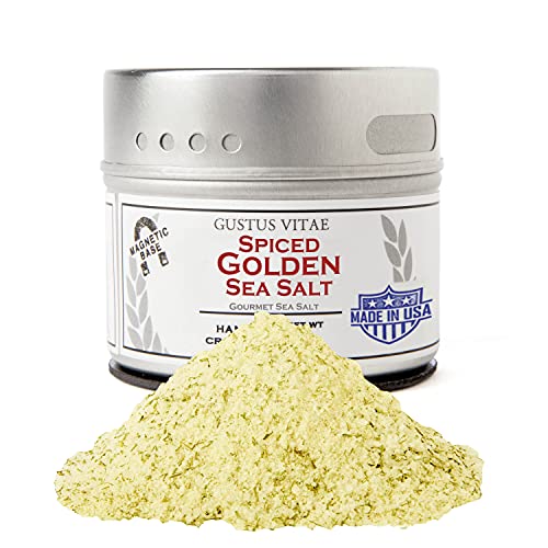 Spiced Golden Sea Salt | Authentic Artisanal Seasoning | All Natural, Non GMO | Hand Crafted in Small Batches | Made in USA | Sustainably Sourced, Gourmet Sea Salt | GLP-1 Friendly | Magnetic Tin | Craft Spice | Gustus Vitae | 89