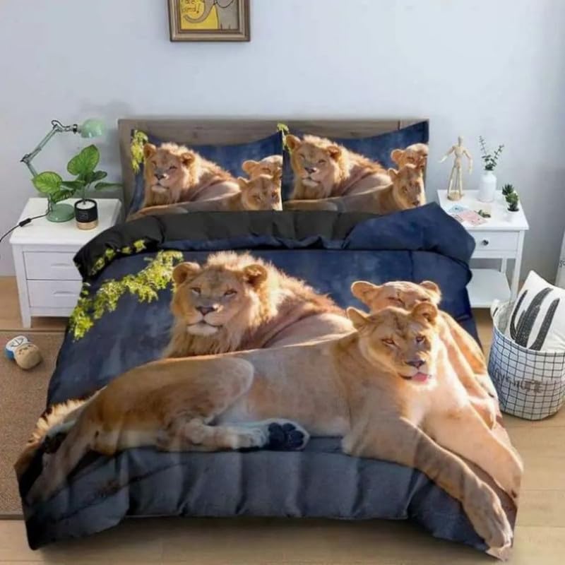 Housse de couette 90x190 anti-plis et facile à laver pour lit enfant thème lion bleu marine