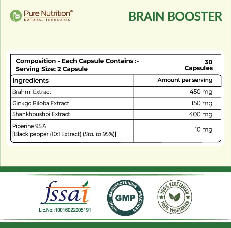 Image of Pure Nutrition Brain Supplements | Memory & Focus Plant Based Brain booster Capsules with Brahmi, Ginkgo Biloba & Shankhpushpi Extract | Supports Memory, Focus, Stress Relief & Cognitive Function - 60 Veg Capsules
