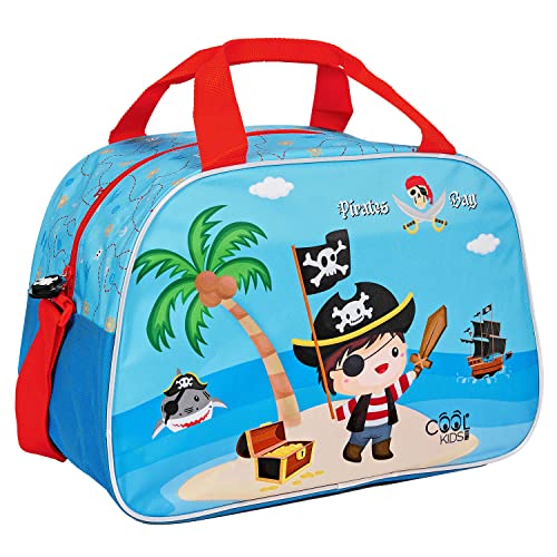 PERLETTI Bolsa Deporte Multicolor con Piratas para Niños - Bolsa Gimnasio Niño Azul con Correa Ajustable - Mochila Deporte Infantil para Piscina Natacion Viaje Tiempo Libre - 28x41,5x21cm (Pirata)