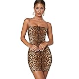 Women’s Sexy Leopard Print Bodycon Mini Dress Summer Spaghetti Strap Backless Dress Short Midi Club Cocktail Party Dresses (US, Alpha, Medium, Regular, Regular, Leopard)